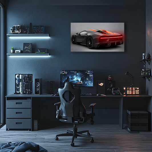 Siyah Bugatti Tarzı UV Baskı Neon Duvar Dekoru | Pleksi Işıklı Süper Araba Tablo
