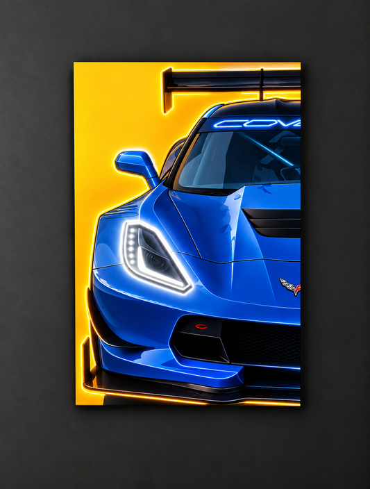 Mavi Corvette Tarzı Yarış Araba UV Baskı Neon Duvar Dekoru | Pleksi Işıklı Spor Araba Tablo | Modern Ev Dekoru