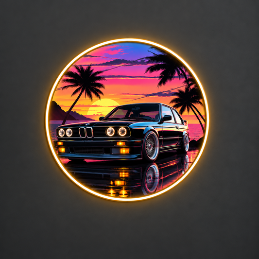 Retro BMW Tarzı Yuvarlak UV Baskı Neon Duvar Dekoru | Gün Batımı Temalı Pleksi Işıklı Tablo | Modern Ev Dekoru