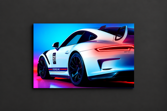 Beyaz GT Yarış Araba UV Baskı Neon Duvar Dekoru | Pleksi Işıklı Spor Araba Tablo | Gamer Room Duvar Sanatı