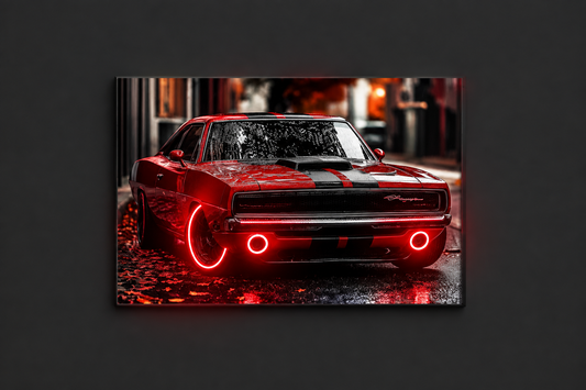 Kırmızı Charger Tarzı UV Baskı Neon Duvar Dekoru | Pleksi Işıklı Retro Araba Tablo | Gamer Room Duvar Sanatı