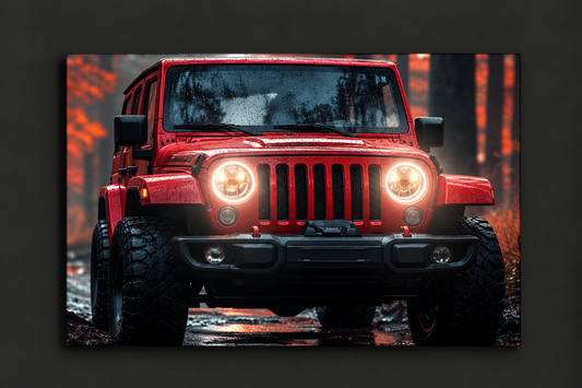 Kırmızı Jeep Tarzı UV Baskı Neon Duvar Dekoru | Pleksi Işıklı Araba Tablo | Gamer Room ve Ofis Dekoru