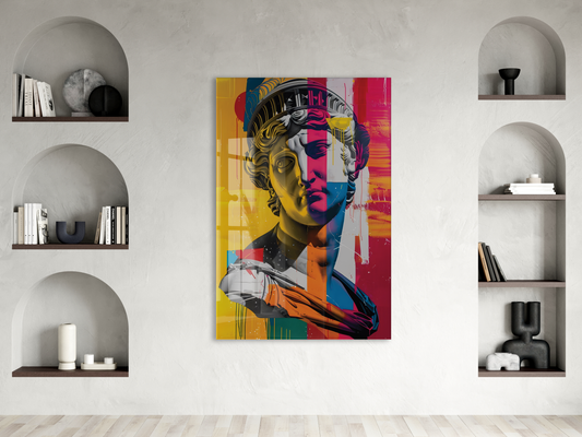 Modern Pop Art Heykel Portre Cam Tablo – Renkli Sanat Temalı UV Baskılı Temperli Cam Duvar Tablosu