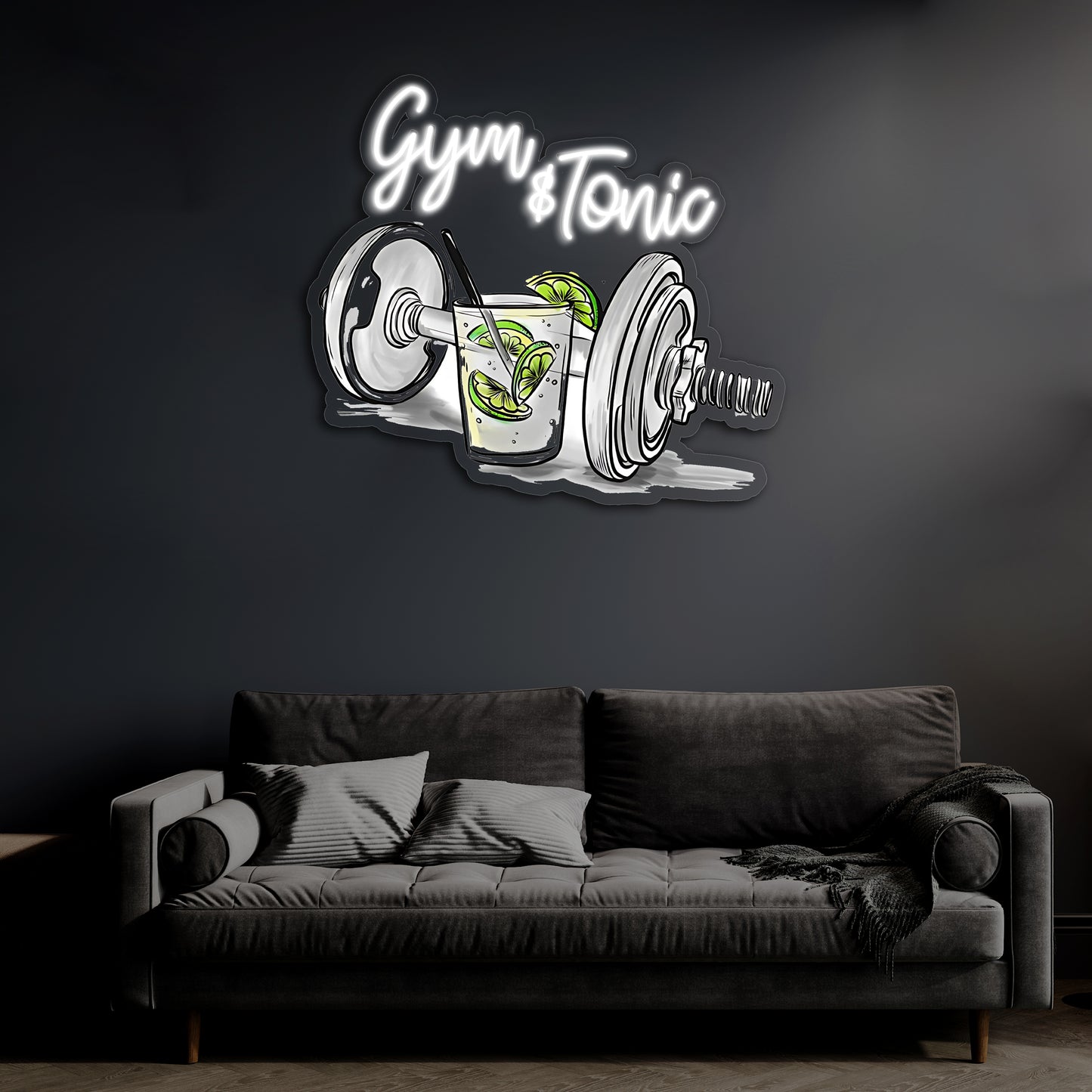 Gym & Tonic Neon Duvar Dekoru | Spor ve Kokteyl Temalı LED Işıklı Tablo | UV Baskı Pleksi Neon | Mizahi Bar ve Ev Dekoru