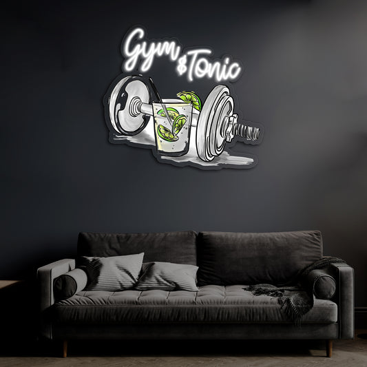 Gym & Tonic Neon Duvar Dekoru | Spor ve Kokteyl Temalı LED Işıklı Tablo | UV Baskı Pleksi Neon | Mizahi Bar ve Ev Dekoru