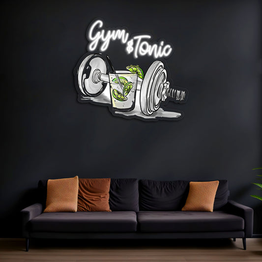 Gym & Tonic Neon Duvar Dekoru | Spor ve Kokteyl Temalı LED Işıklı Tablo | UV Baskı Pleksi Neon | Mizahi Bar ve Ev Dekoru