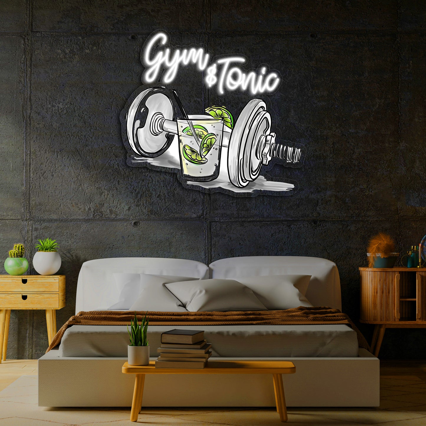 Gym & Tonic Neon Duvar Dekoru | Spor ve Kokteyl Temalı LED Işıklı Tablo | UV Baskı Pleksi Neon | Mizahi Bar ve Ev Dekoru