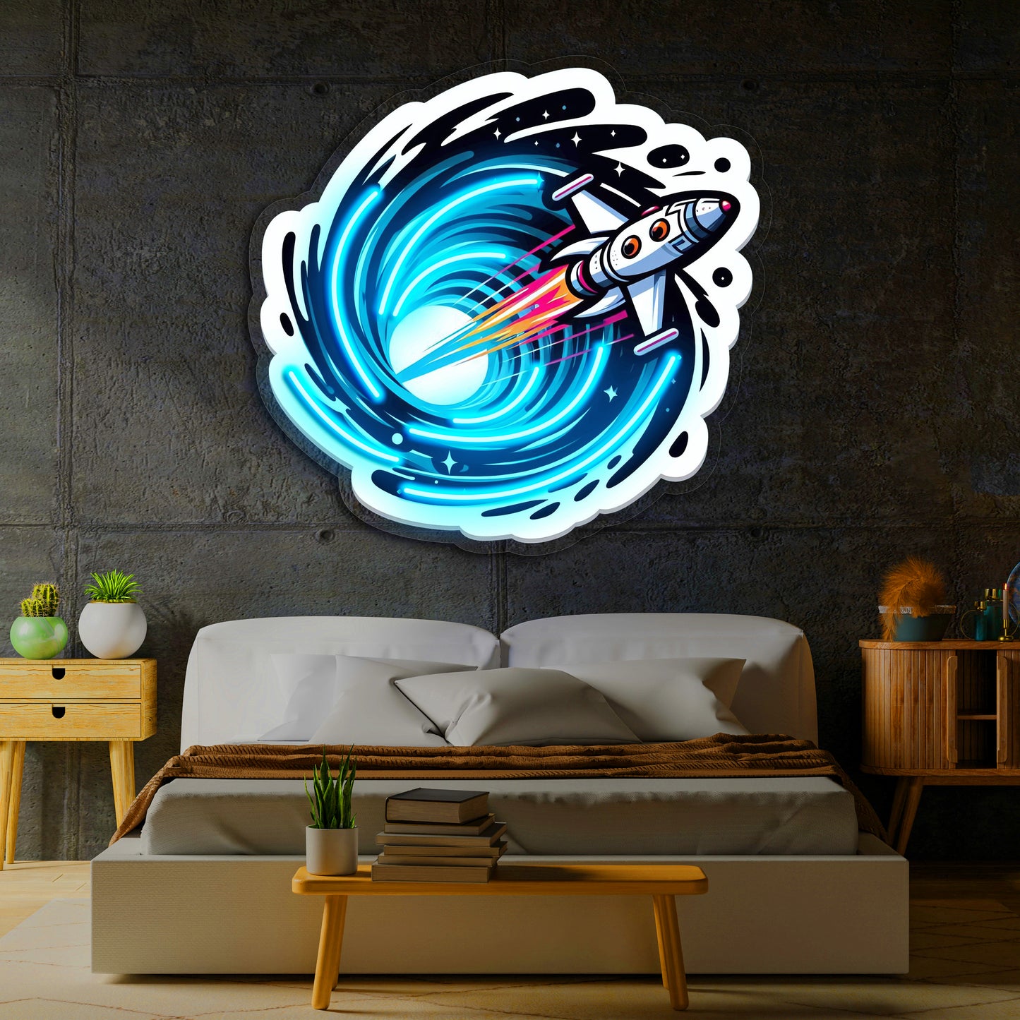 Roket Temalı Neon Duvar Dekoru | Uzay ve Astronot Konseptli LED Tablo | Pleksi UV Baskı Işıklı Duvar Sanatı