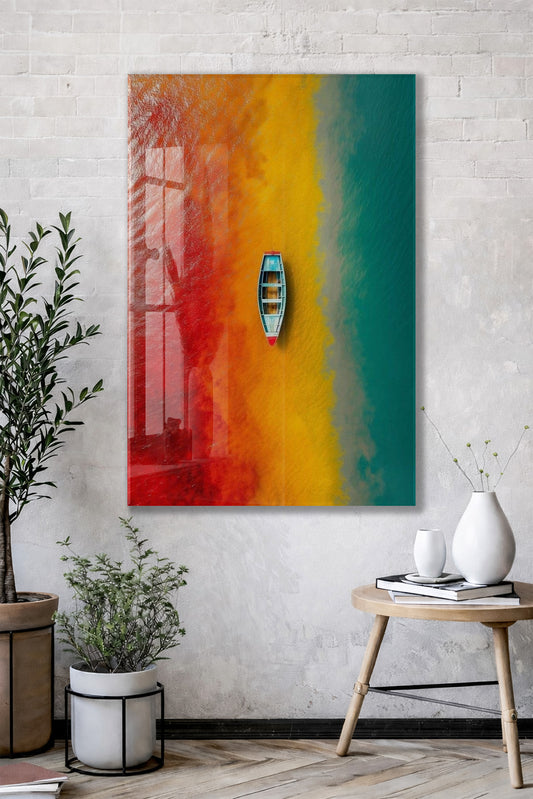 Kırmızı, Sarı ve Turkuaz Geçişli Deniz – Minimal Tekne Duvar Tablosu - Peony136