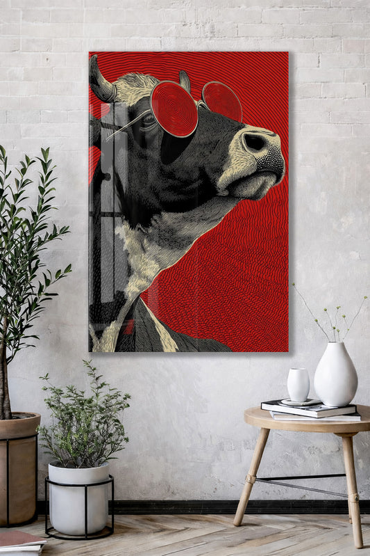 Pop Art Tarzı Boğa Cam Tablo – Kırmızı Arka Planlı Karizmatik Duvar Dekoru - Peony077