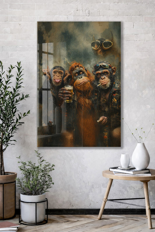 Biker Maymunlar Cam Tablo – Maskülen ve Karizmatik Bar Duvar Dekoru - Peony085