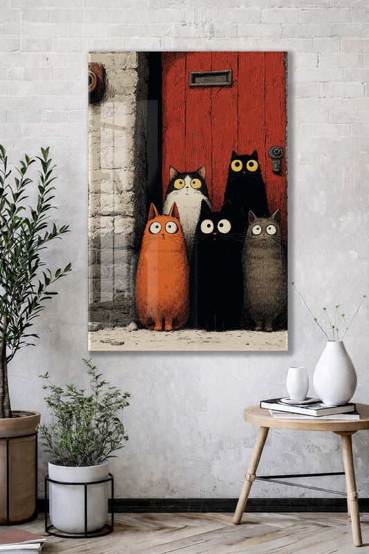 Şaşkın Bakışlı Kediler – Modern ve Minimal İllüstrasyon Cam Tablo- Peony130