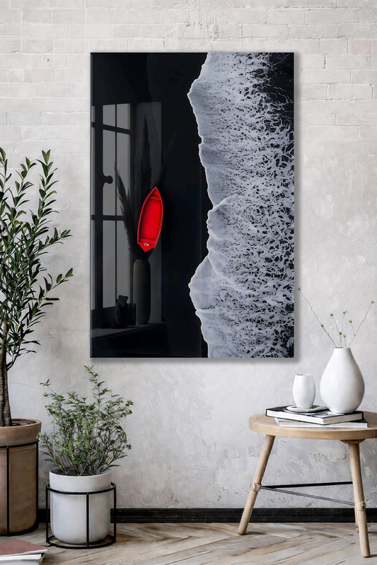 Siyah Kum ve Kırmızı Tekne – Kontrast Deniz Cam Duvar Tablosu - Peony137