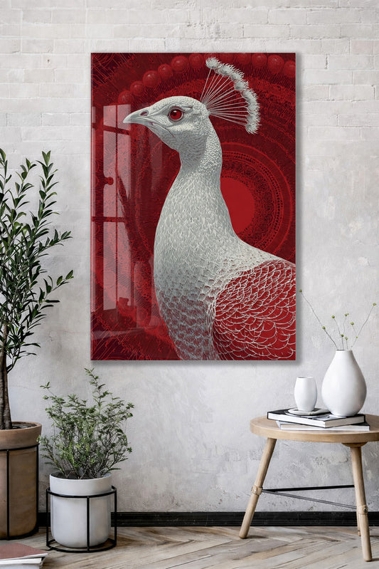 Mistik Kırmızı Arka Planlı Tavus Kuşu Cam Tablo – Lüks ve Sanatsal Duvar Dekoru - Peony083