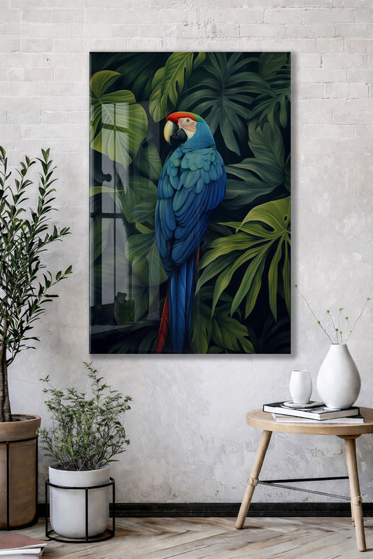 Tropikal Papağan Cam Duvar Tablosu – Yeşil Yapraklı Modern Tasarım - Peony119