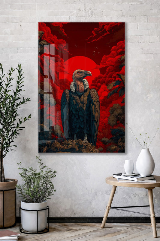 Kızıl Güneş Fonlu Akbaba Cam Tablo – Güç ve Hakimiyet Temalı Modern Duvar Dekoru - Peony079