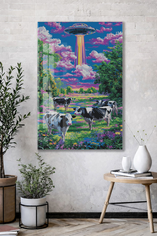 UFO ve Renkli Tarlada İnekler – Fantastik Manzara Duvar Tablosu - Peony128