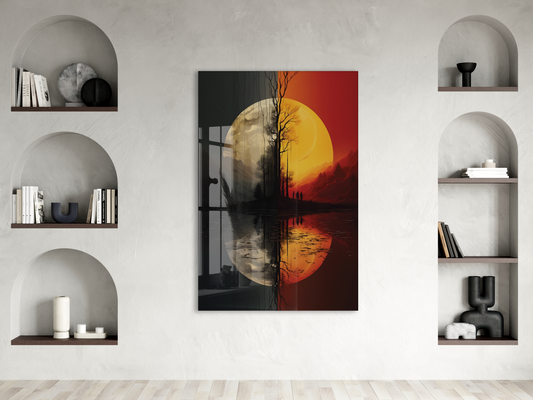 Modern Soyut Gün Batımı Cam Tablo – Minimalist Doğa Temalı UV Baskılı Temperli Cam Duvar Tablosu - Peony001