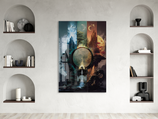 Modern Fantastik Doğa Kapısı Cam Tablo – Çok Katmanlı Sanatsal UV Baskılı Temperli Cam Duvar Tablosu - Peony002