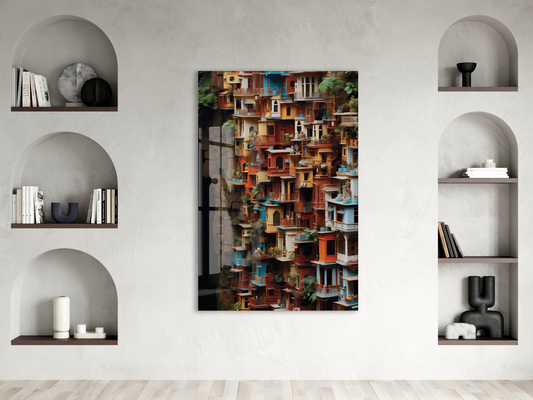 Modern Renkli Şehir Cepheleri Cam Tablo – Mimari ve Kentsel Sanat Temalı UV Baskılı Temperli Cam Duvar Tablosu - Peony019