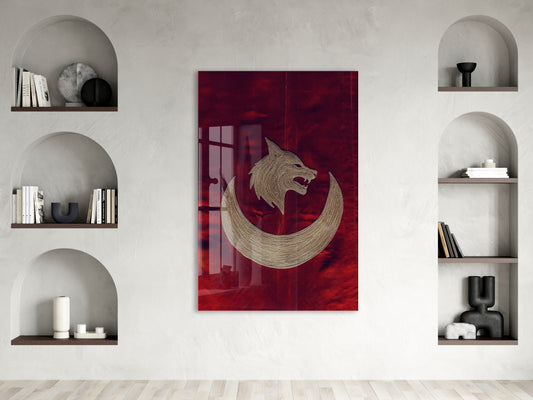 Bozkurt ve Hilal Cam Tablo – Türk Mitolojisi Temalı Güçlü Duvar Dekoru - PeonyTrk020