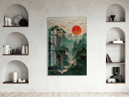 Modern Asya Manzarası Cam Tablo – Dağ ve Kızıl Güneş Temalı Sanatsal UV Baskılı Temperli Cam Duvar Tablosu - Peony008