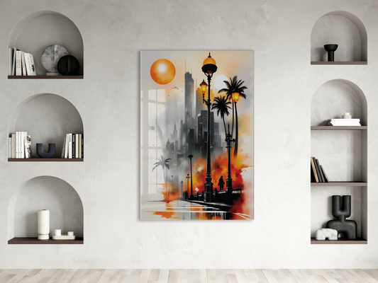 Modern Şehir Manzarası Cam Tablo – Gün Batımı Temalı Sanatsal UV Baskılı Temperli Cam Duvar Tablosu - Peony004