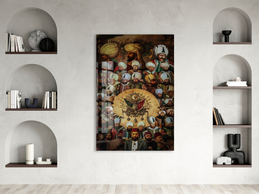 Osmanlı Padişahları ve Devlet Arması – Hanedan Tarihi Temalı Cam Tablo - PeonyOsm010