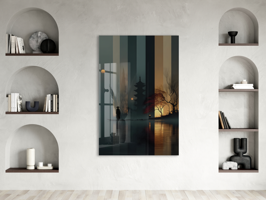 Modern Asya Tapınak Silüeti Cam Tablo – Gece ve Gün Batımı Temalı Sanatsal UV Baskılı Temperli Cam Duvar Tablosu - Peony016