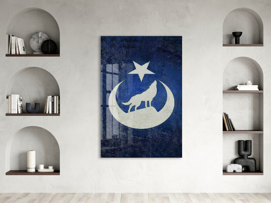 Bozkurt ve Hilal Yıldız Cam Tablo – Türk Mitolojisi Temalı Mavi Duvar Dekoru - PeonyTrk015