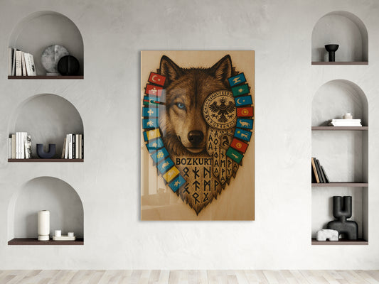 Bozkurt ve Türk Boyları Cam Tablo – Türk Devletleri Bayrakları ve Runik Semboller Duvar Dekoru - PeonyTrk011