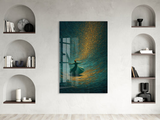 Semazen Cam Tablo | Mevlevî Sema Sanatı, İlahi Aşk ve Tasavvufi Dönüşü Simgeleyen Altın Işık Detaylı Manevi Tasarım - PeonyDini109