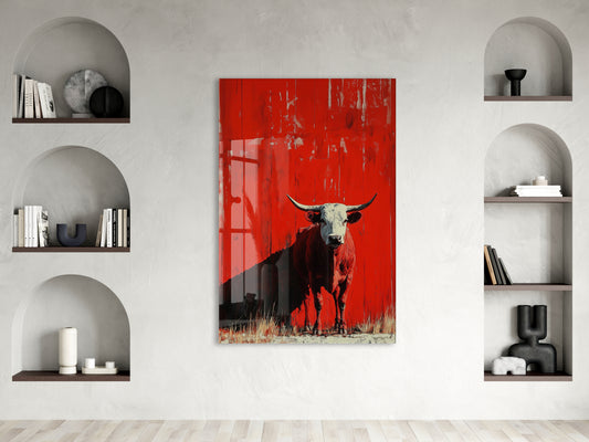 Kırmızı Zeminli Boğa Cam Tablo – Modern Güç ve Kararlılık Temalı Duvar Dekoru - Peony075