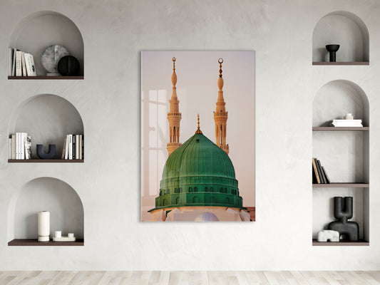 Mescid-i Nebevi Yeşil Kubbe Cam Tablo – Medine Temalı Manevi Duvar Dekoru - PeonyDini095