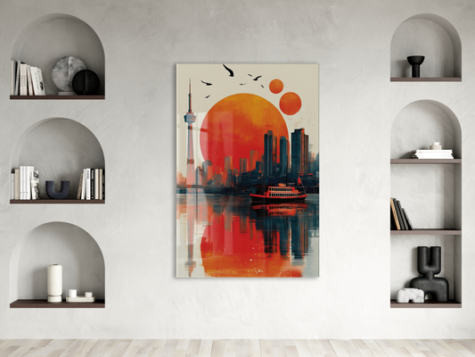 Modern Şehir Silüeti Cam Tablo – Gün Batımı Temalı Sanatsal UV Baskılı Temperli Cam Duvar Tablosu - Peony005