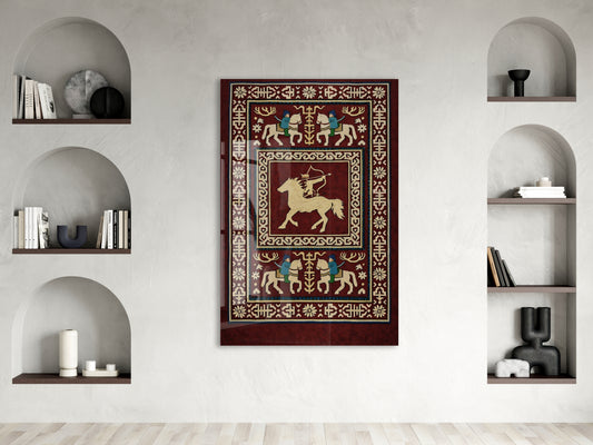 Orta Asya Türk Motifleri Cam Tablo – Atlı Okçu ve Geleneksel Türk Desenleri Duvar Dekoru - PeonyTrk009