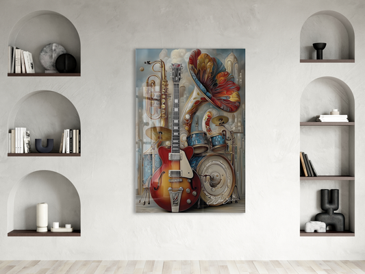 Modern Müzik Temalı Cam Tablo – Gitar, Trompet ve Davul Detaylı, Sanatsal UV Baskılı Temperli Cam Duvar Dekoru - Peony043