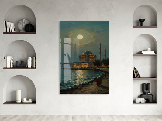 Dolunay Altında İstanbul Camii – Ay Işığında Osmanlı Mimarisi Cam Tablo - PeonyOsm007