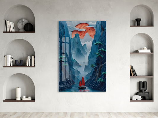 Modern Asya Esintili Doğa Cam Tablo – Dağ ve Nehir Temalı Sanatsal UV Baskılı Temperli Cam Duvar Tablosu - Peony007