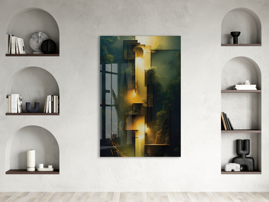 Altın Işık ve Geometrik Formlar Cam Tablo – Modern, Derinlikli ve Şık Duvar Sanatı - Peony025