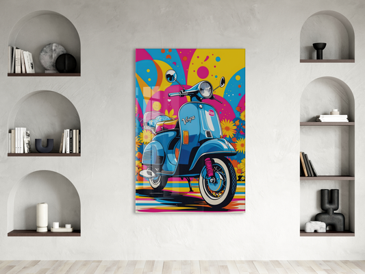 Renkli Vespa Scooter Cam Tablo – Pop Art Stil, UV Baskılı Temperli Cam Duvar Dekoru - Peony040