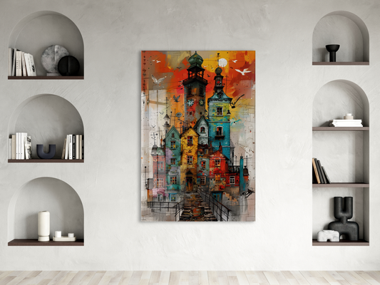 Renkli Şehir Evleri Cam Tablo – Modern Kentsel Mimari Temalı Soyut Sanat, UV Baskılı Temperli Cam Duvar Tablosu - Peony034