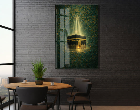 Kabe Temalı Cam Tablo – Altın Işık Efektli İslami Duvar Dekoru - PeonyDini151