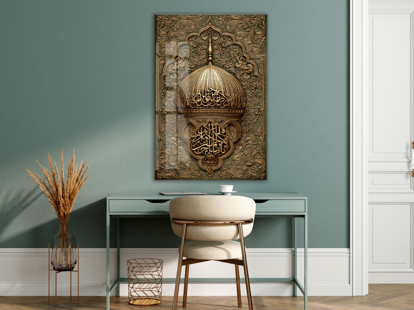 İslami Hat Sanatlı Cam Tablo – Altın Kubbe Motifli Lüks Cam Duvar Dekoru - PeonyDini135