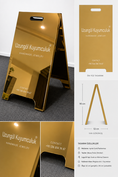 Aynalı Gold Paslanmaz A Tabela | Lüks Metal Kaldırım Tabelası | Dış Mekan Reklam Standı