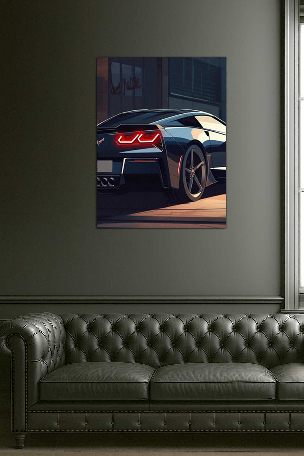 Siyah Corvette Tarzı UV Baskı Neon Duvar Dekoru | Pleksi Işıklı Süper Araba Tablo | Modern Ev ve Ofis Dekoru