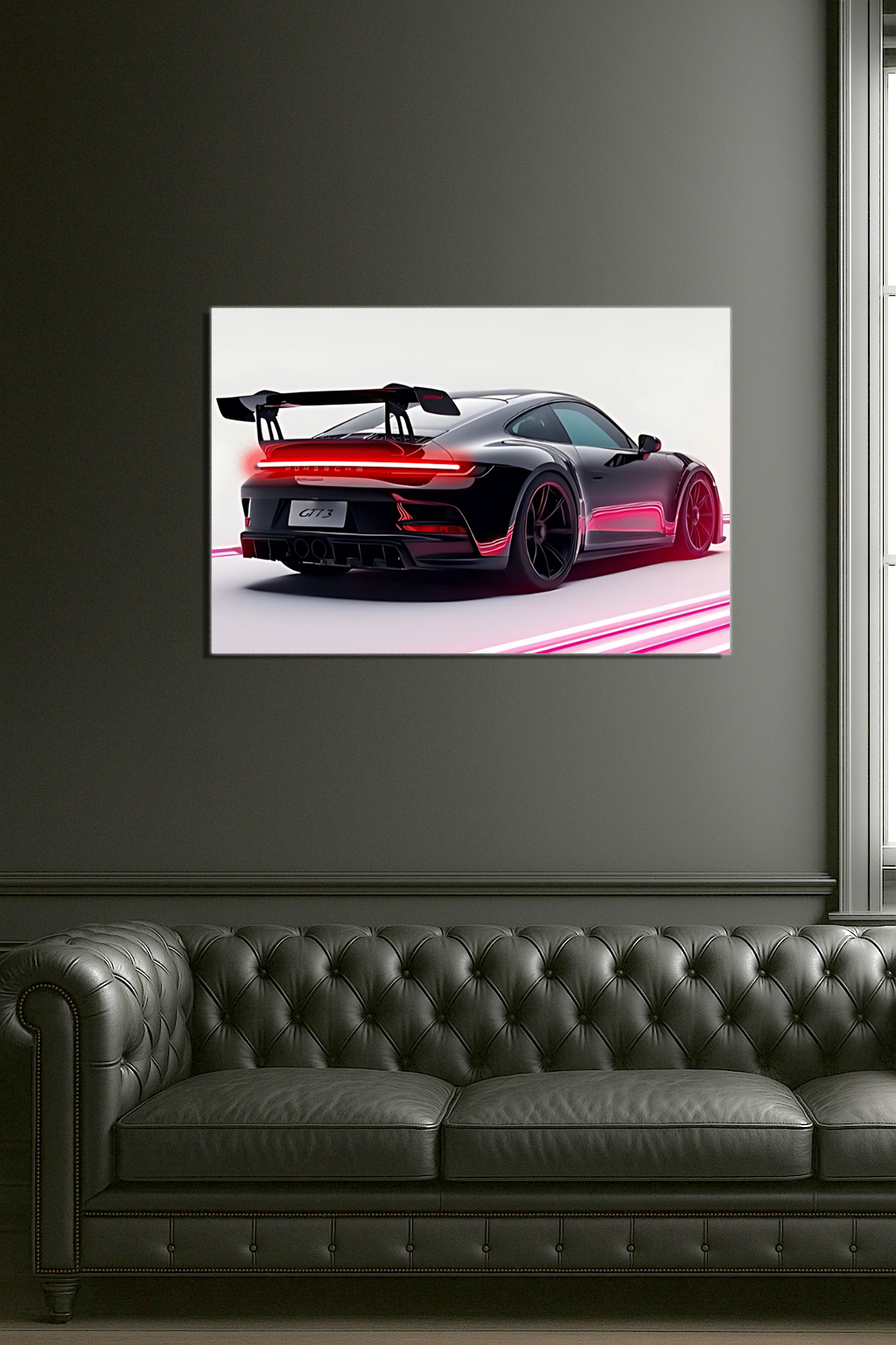 Siyah GT Spor Araba UV Baskı Neon Duvar Dekoru | Pleksi Işıklı Duvar Tablosu | Modern Ev ve Ofis Dekoru