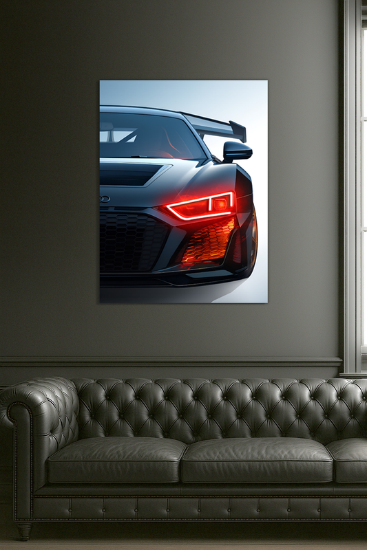 Siyah Audi R Tarzı UV Baskı Neon Duvar Dekoru | Pleksi Işıklı Spor Araba Tablo | Modern Ev ve Ofis Dekoru