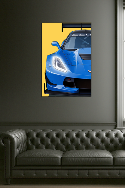 Mavi Corvette Tarzı Yarış Araba UV Baskı Neon Duvar Dekoru | Pleksi Işıklı Spor Araba Tablo | Modern Ev Dekoru