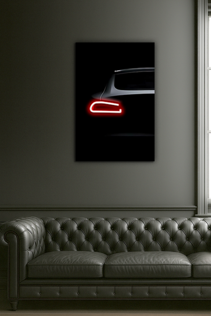 Minimalist Siyah Araba UV Baskı Neon Duvar Dekoru | Kırmızı Işıklı Pleksi Tablo | Modern Salon ve Ofis Duvar Sanatı